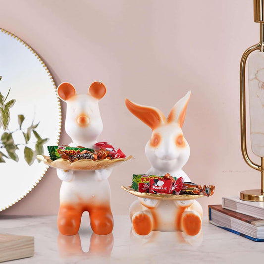 Set of Two Decorative Rabbit Showpiece Home Decor Animal Statues for Living Room, Bedroom, Dining Room, Kitchen, Bathroom, Wedding, Party Dcor (White)