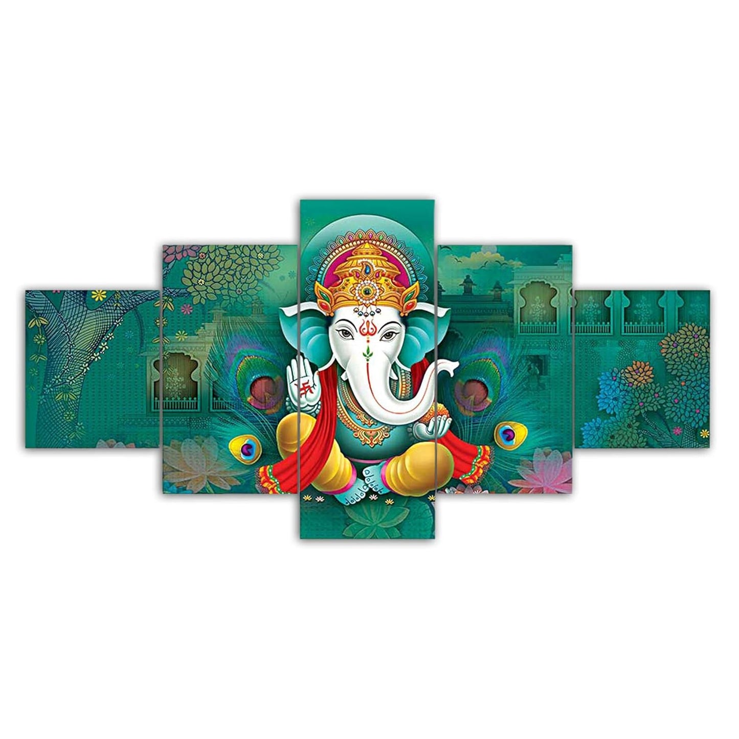 Lord Ganesha Set of Five MDF Framed 3D Wall Painting for Home Decoration, Big Size Painting for Living Room, Bedroom (17x30 inches)