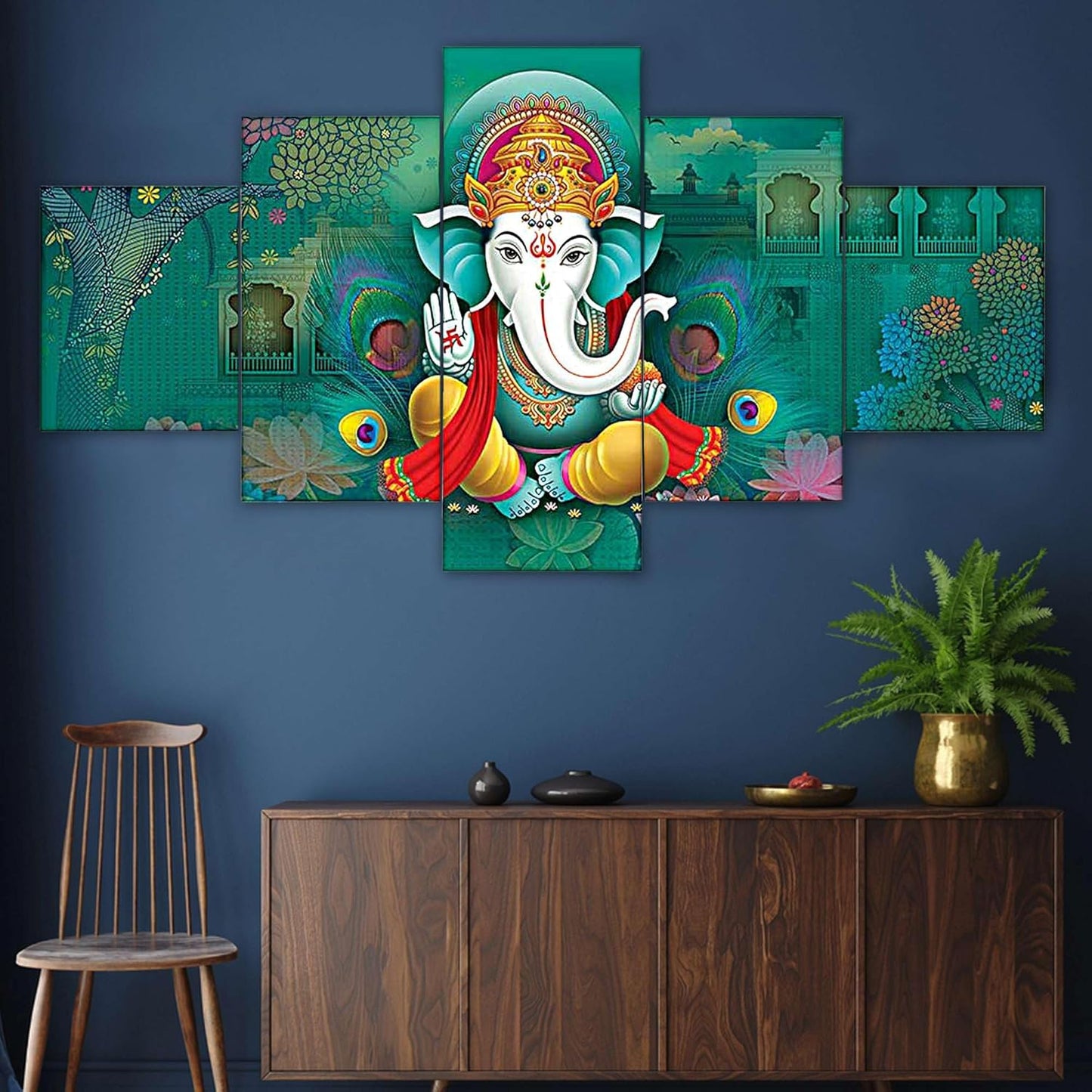 Lord Ganesha Set of Five MDF Framed 3D Wall Painting for Home Decoration, Big Size Painting for Living Room, Bedroom (17x30 inches)