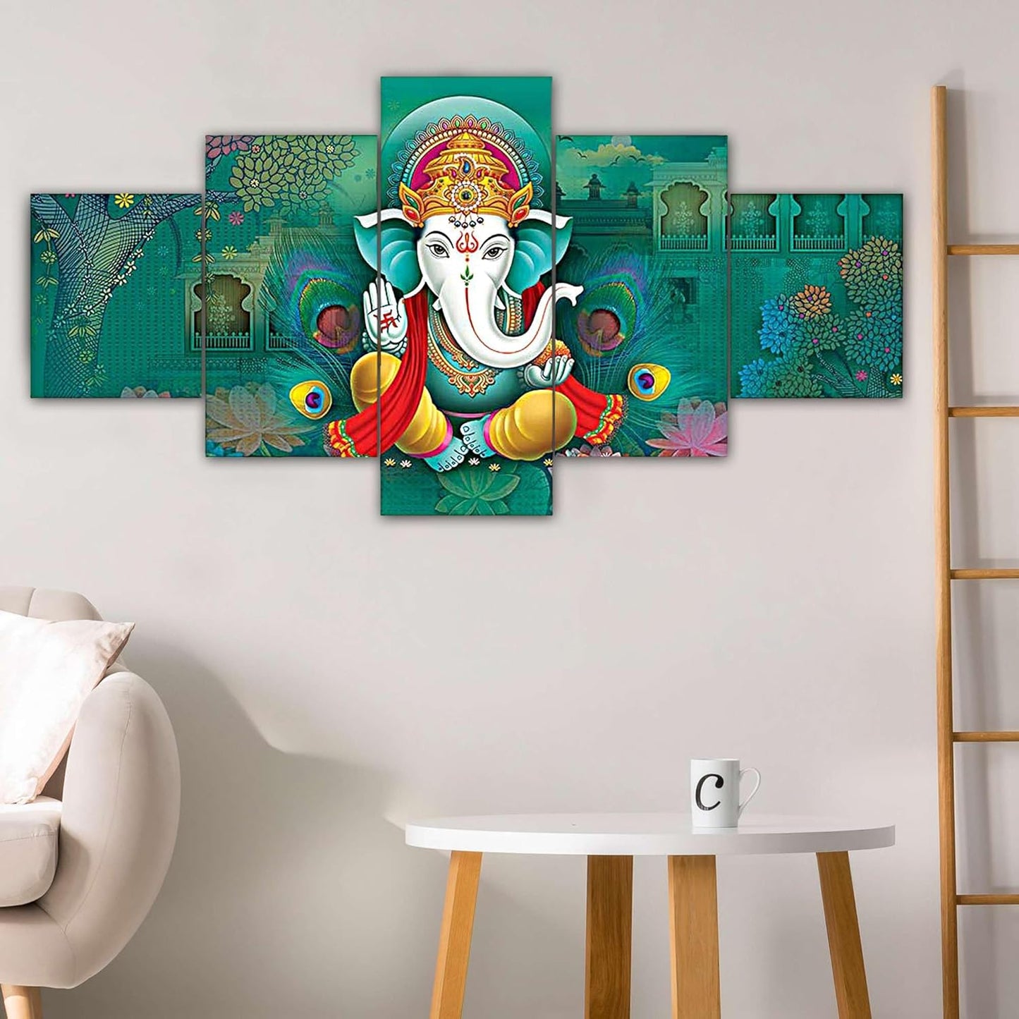 Lord Ganesha Set of Five MDF Framed 3D Wall Painting for Home Decoration, Big Size Painting for Living Room, Bedroom (17x30 inches)