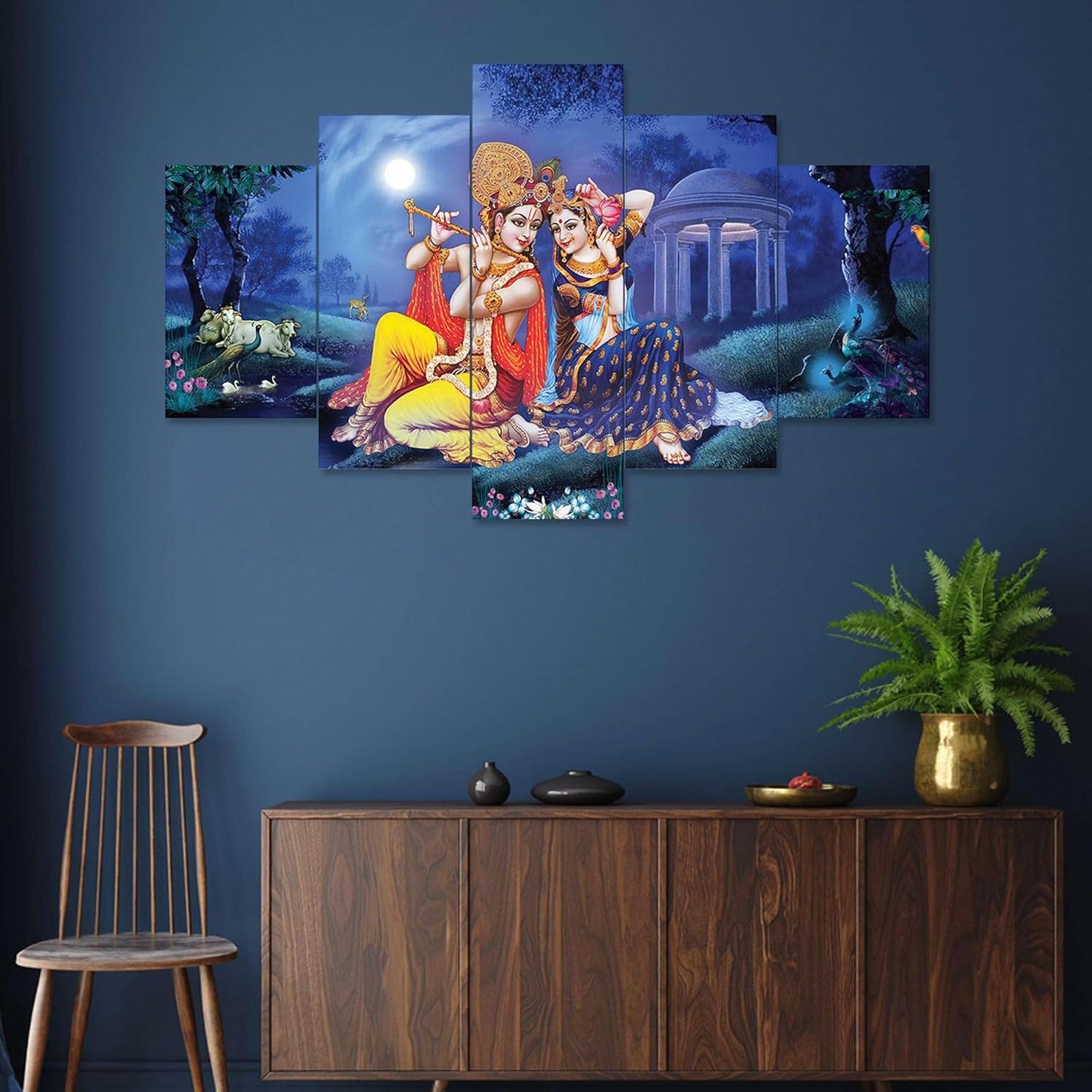 Radhe Krishna Set of Five MDF Framed 3D Wall Painting for Home Decoration, Big Size Painting for Living Room, Bedroom (17x30 inches)