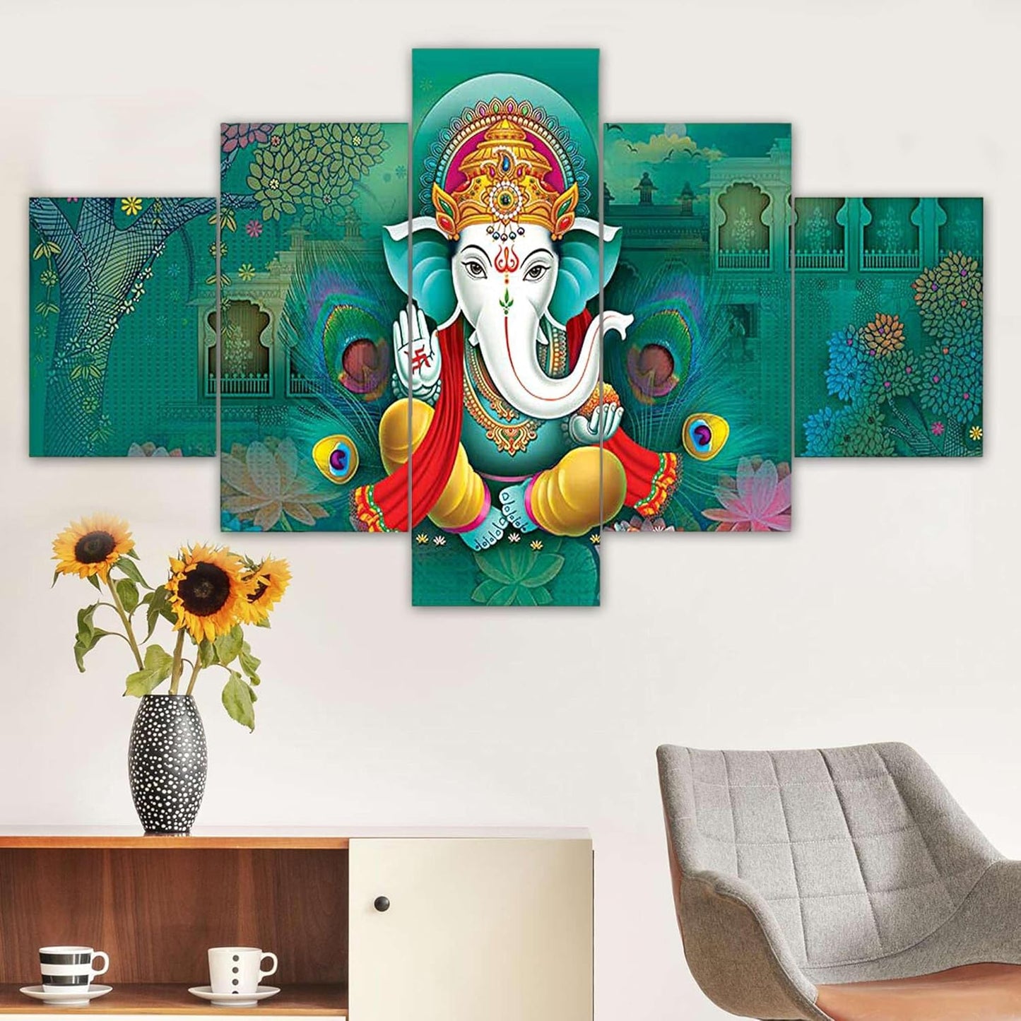 Lord Ganesha Set of Five MDF Framed 3D Wall Painting for Home Decoration, Big Size Painting for Living Room, Bedroom (17x30 inches)